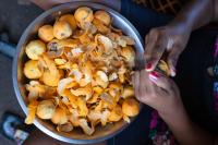 Mãos de uma mulher descascando tucumãs