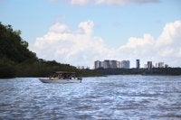 A paisagem mostra um rio, com um barco navegando, mata em volta e ao fundo prédios da cidade de Manaus