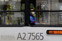 homem dentro de ônibus público com janela aberta e máscara