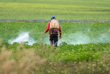 Un agricultor fumigando un campo de soja.