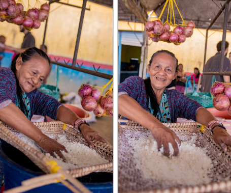 Mulher indígena Tikuna utiliza um cesto trançado para peneirar farinha de mandioca, deixando-a pronta para venda em um mercado local da Amazônia brasileira.