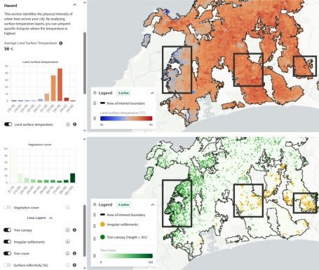Plataforma Cool Cities Lab mostrando temperaturas de superfície (acima) e cobertura arbórea junto a assentamentos informais (abaixo) na Cidade do Cabo: pontos mais quentes onde há poucas árvores