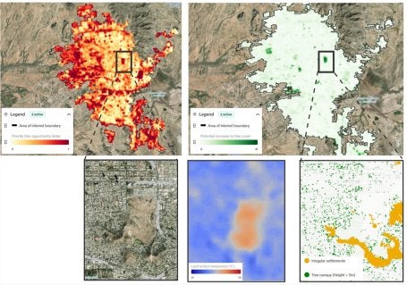 Plataforma Cool Cities Lab mostrando as áreas mais quentes de Hermosillo e onde o plantio de árvores pode ajudar a resfriar a cidade. Os mapas superiores mostram zonas prioritárias para arborização, e os inferiores ampliam um bairro específico para destacar pontos de calor e a falta de cobertura arbórea em assentamentos informais. 
