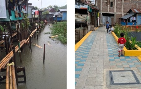 Fotos de antes e depois mostram melhorias nos pontos de acesso e nas passarelas em uma comunidade de Makassar. 