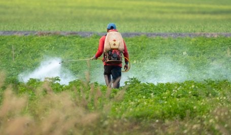Un agricultor fumigando un campo de soja.