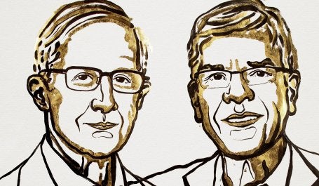 William D. Nordhaus e Paul M. Romer em ilustração de Niklas Elmehed (imagem: Nobel Assembly/Divulgação)