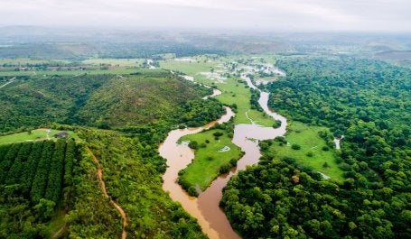 imagem aérea de dois rios que se encontram e dão origem a um novo
