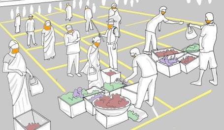 Ilustração mostra como os indianos realizaram distanciamento social em bazar