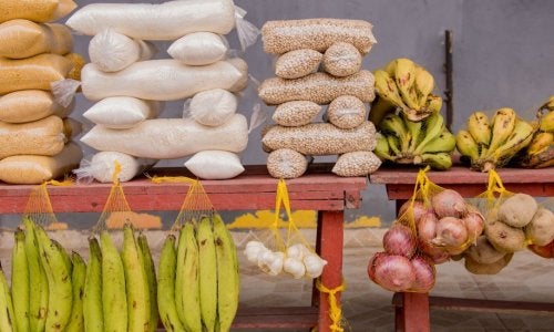 Alimentos de um mercado amazônico em Tabatinga, com itens básicos do cotidiano alimentar local, como farinha de mandioca, tapioca, bananas e alho.