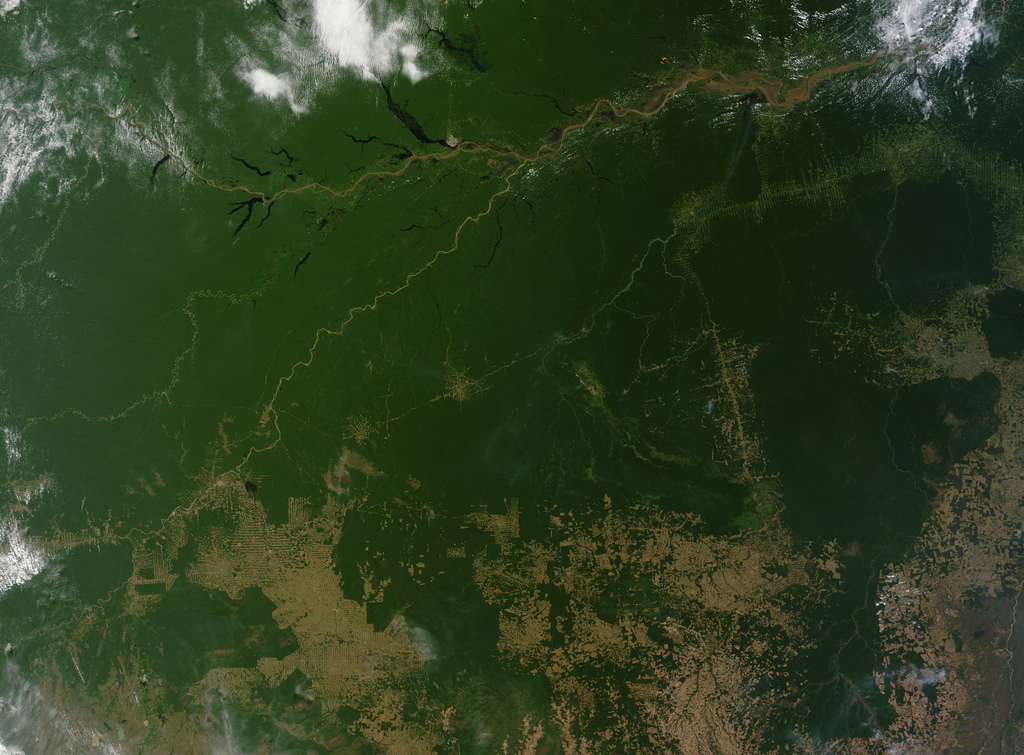 <p>Imagem de satélite do desmatamento (canto inferior à direita) no Brasil. (Foto: Flickr/NASA Goddard)</p>
